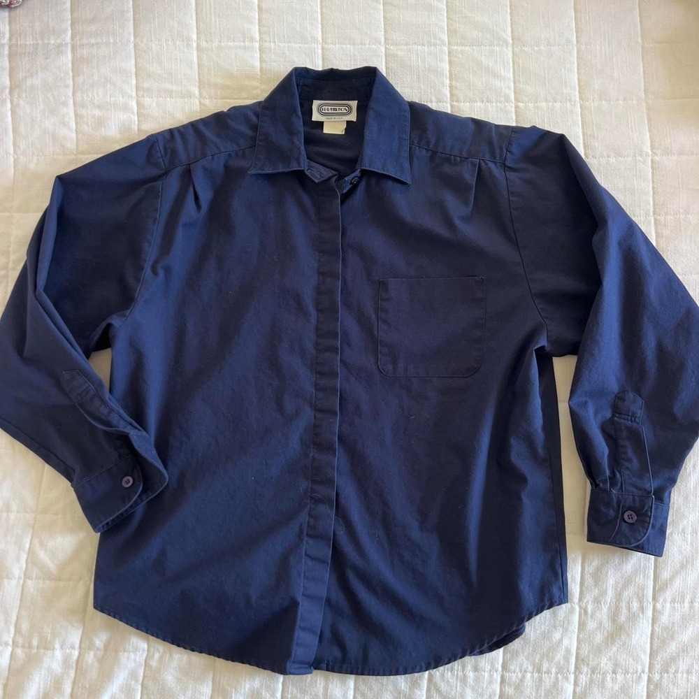 Hamilton Button Down Shirt Womens M Navy Blue Long Sleeve Made in USA Classic